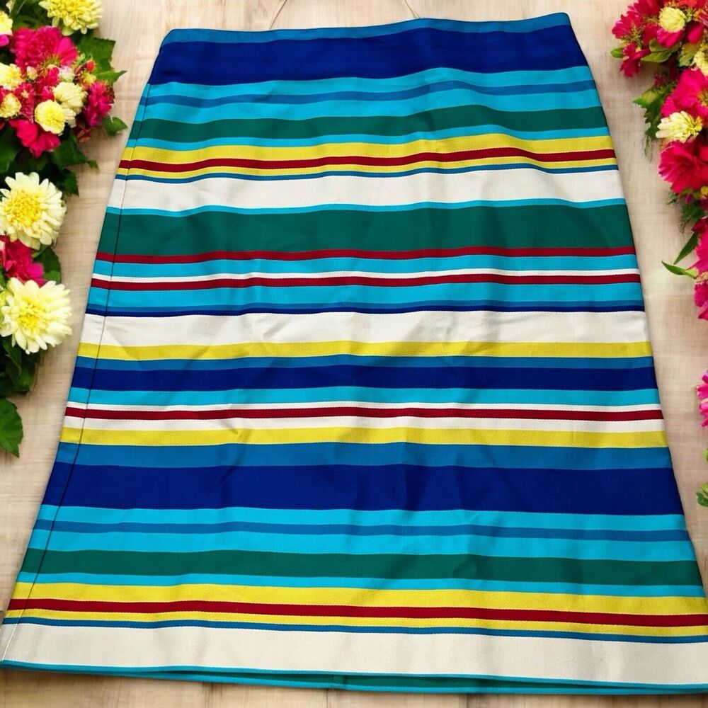 TALBOTS Size 10 Multi-Color Blue Red Green Yellow Striped‎ Skirt 100% Cotton